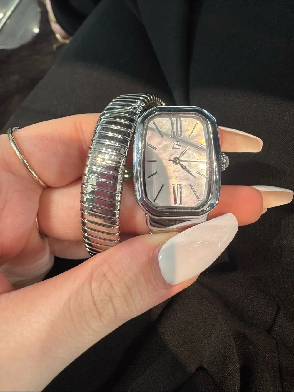 Colleen Lopez Silvertone Gemstone Dial Tubogas Coil Bracelet Watch